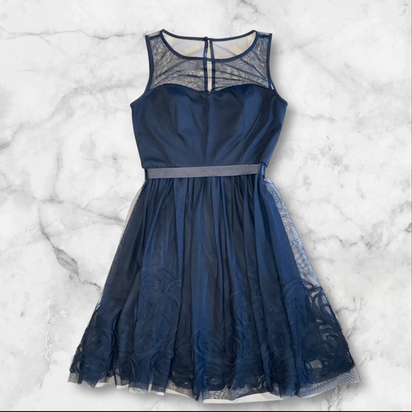 David's Bridal Dresses & Skirts - DB STUDIO Cocktail Dress Women’s Small 4/6 Navy Blue Sweetheart Sheer Illusion